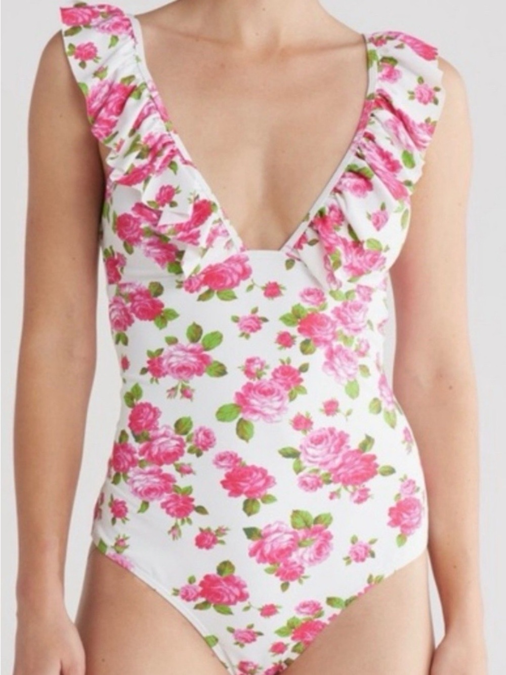 Betsey Johnson White Pink Floral Ruffle One-Piece Swimsuit